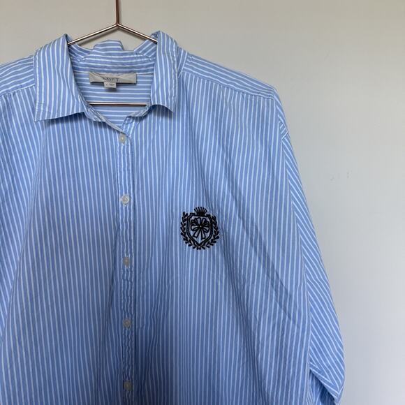 Loft Womens Top L Blue Striped Poplin Crest Everyday Oversized Preppy Academia - Picture 3 of 7